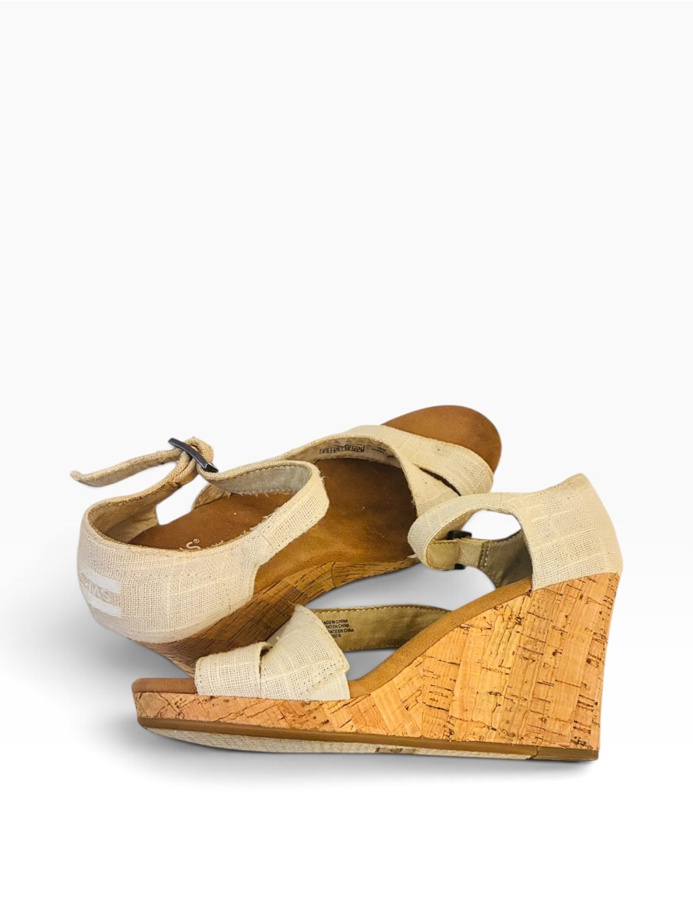 Toms Cream Linen Wedge Sandals with Cork Platform